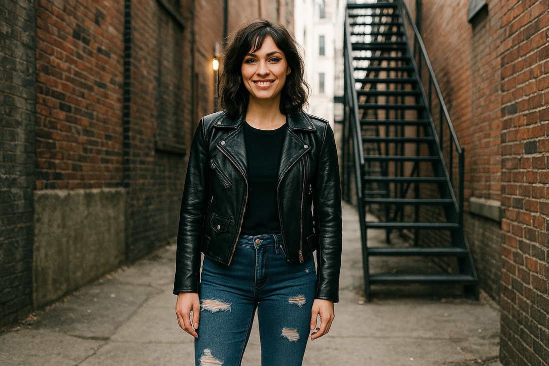 Woman wearing a black leather jacket
