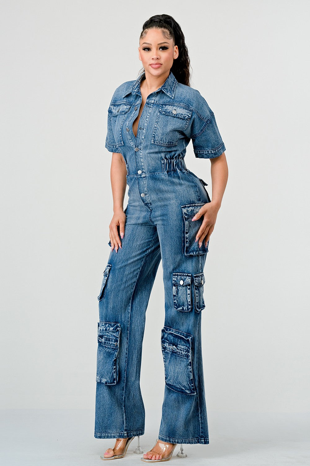 Washed Denim Cargo Jumpsuit