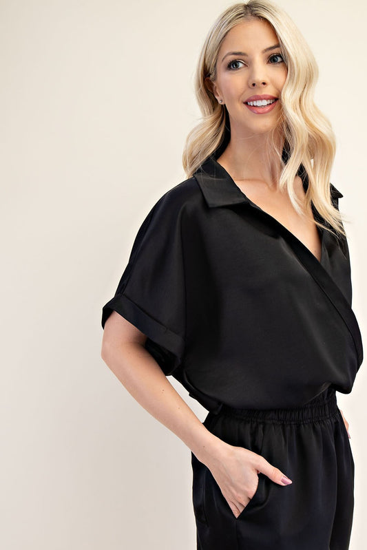 Black Crossover Blouse w/ Elastic Waist