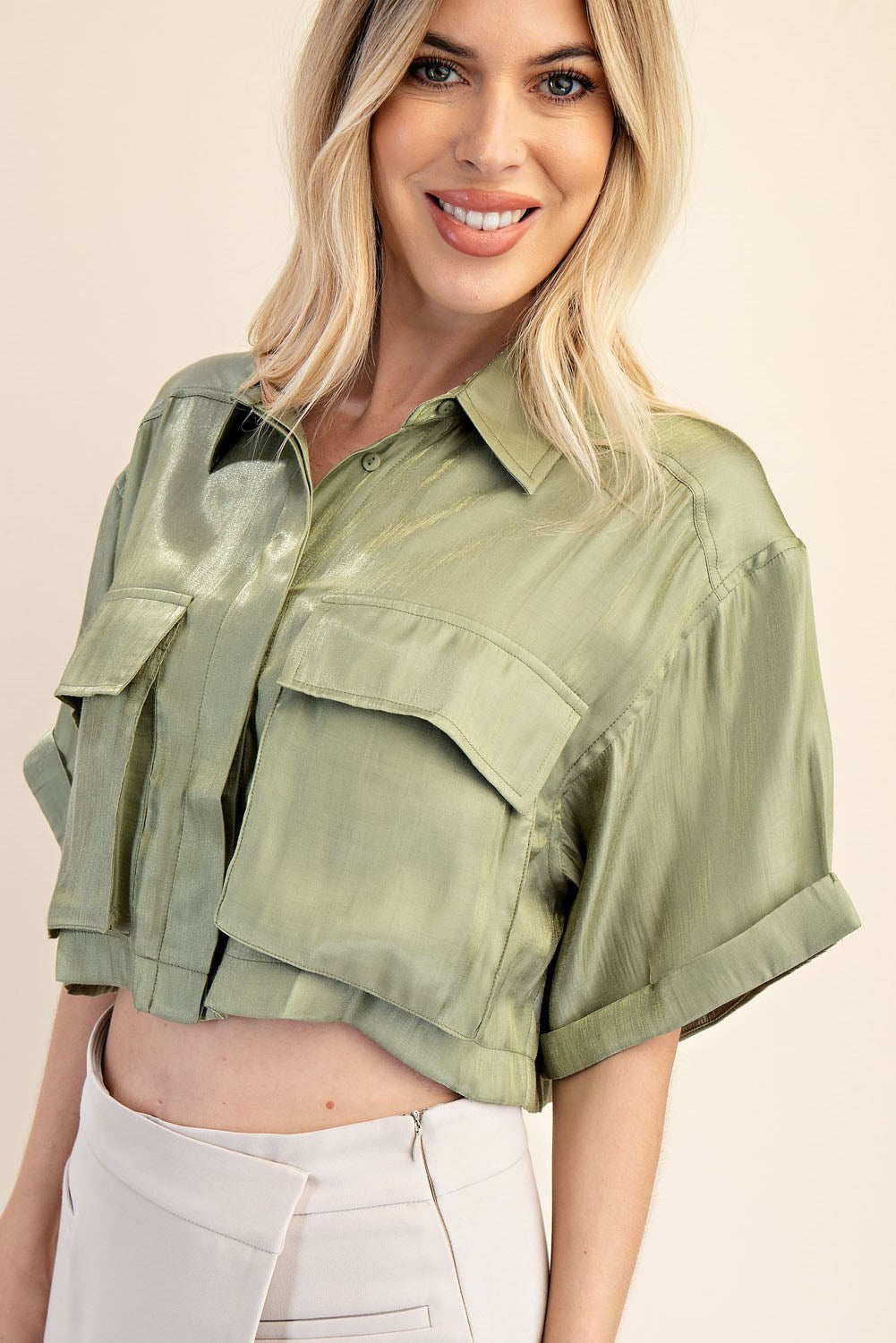 Pocket Detail Cropped Shirt