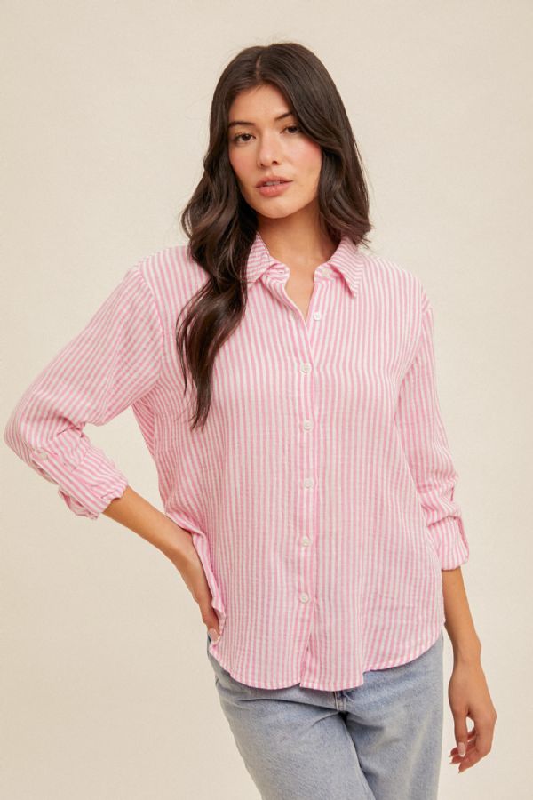 Double Gauze Oversized Striped Button Down - Pink