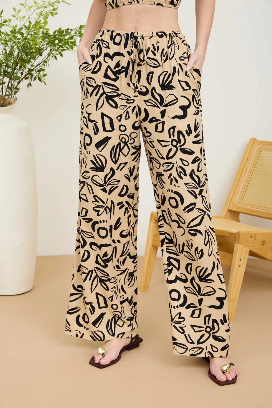 Floral Print Wide Leg Linen Pants