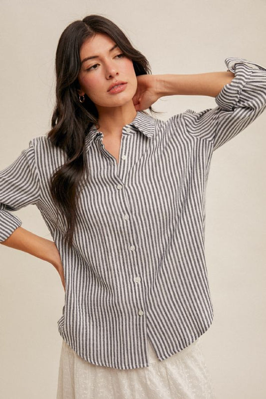 Double Gauze Oversized Striped Button Down - Navy
