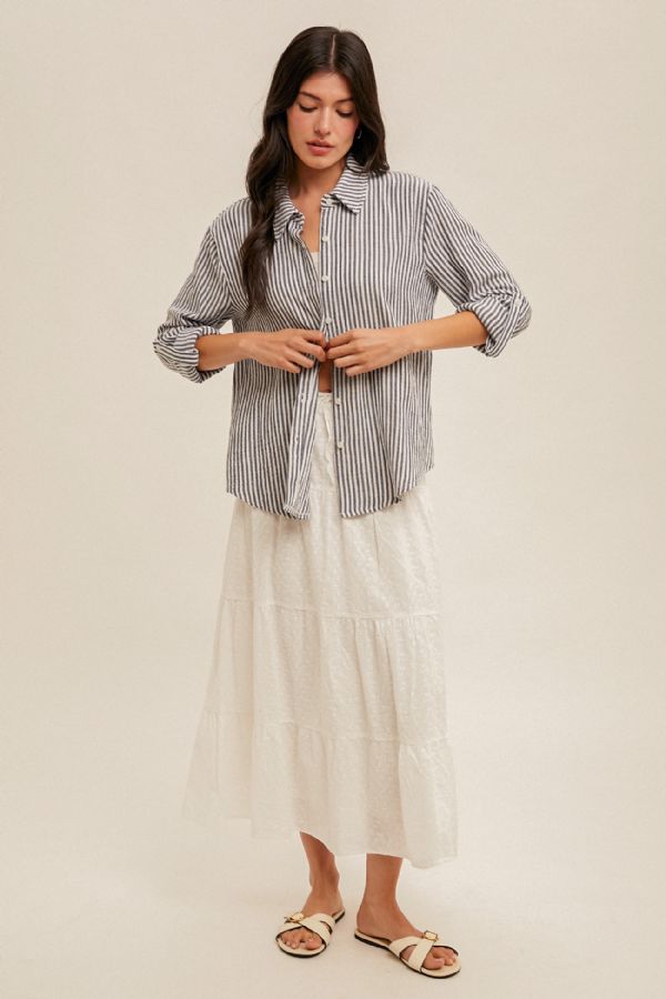 Double Gauze Oversized Striped Button Down - Navy