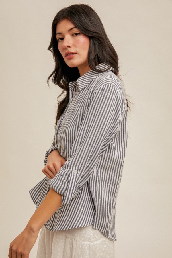 Double Gauze Oversized Striped Button Down - Navy