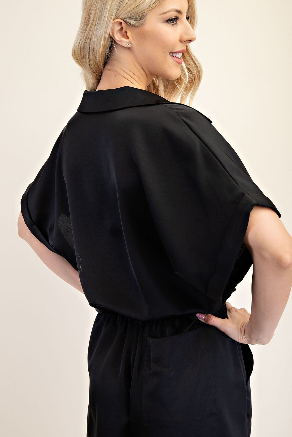 Black Crossover Blouse w/ Elastic Waist
