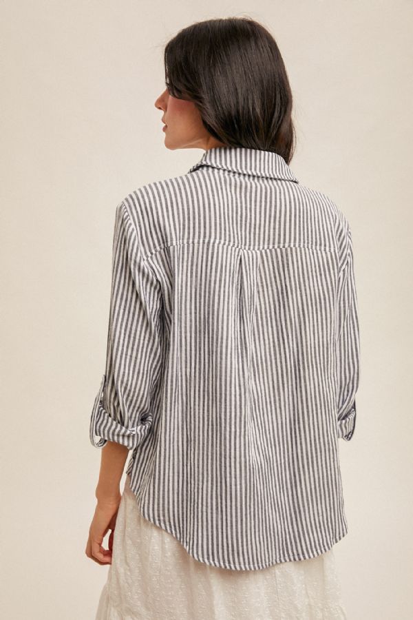 Double Gauze Oversized Striped Button Down - Navy