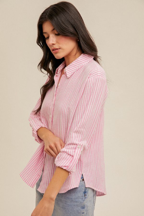 Double Gauze Oversized Striped Button Down - Pink