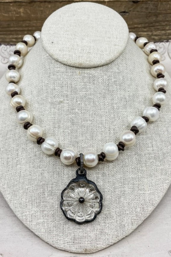 Hand-Knotted Leather & Pearl Flower