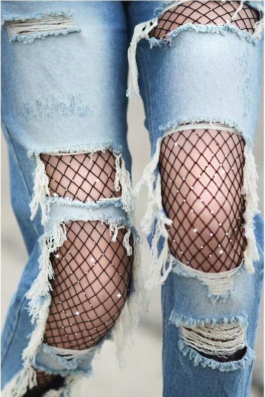 Shine Bright Scattered Rhinestones Fishnet Tights