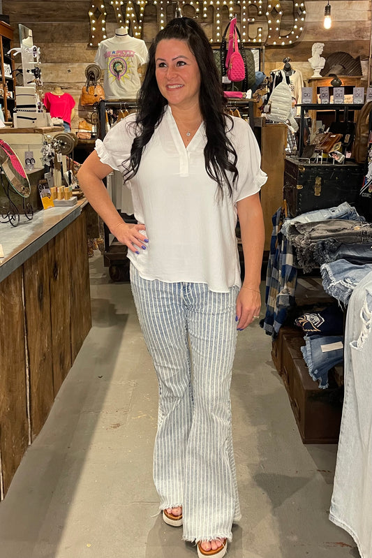 crisp, white, satiny, blouse, ruffle