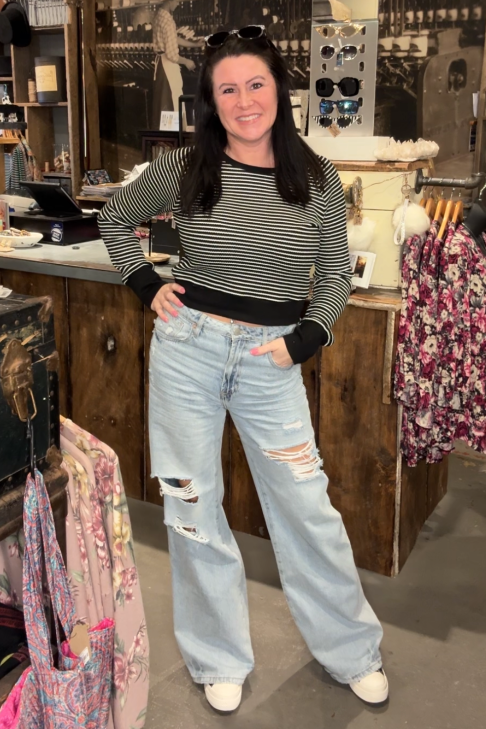 Raynaa Waffle Stripe Top - Black