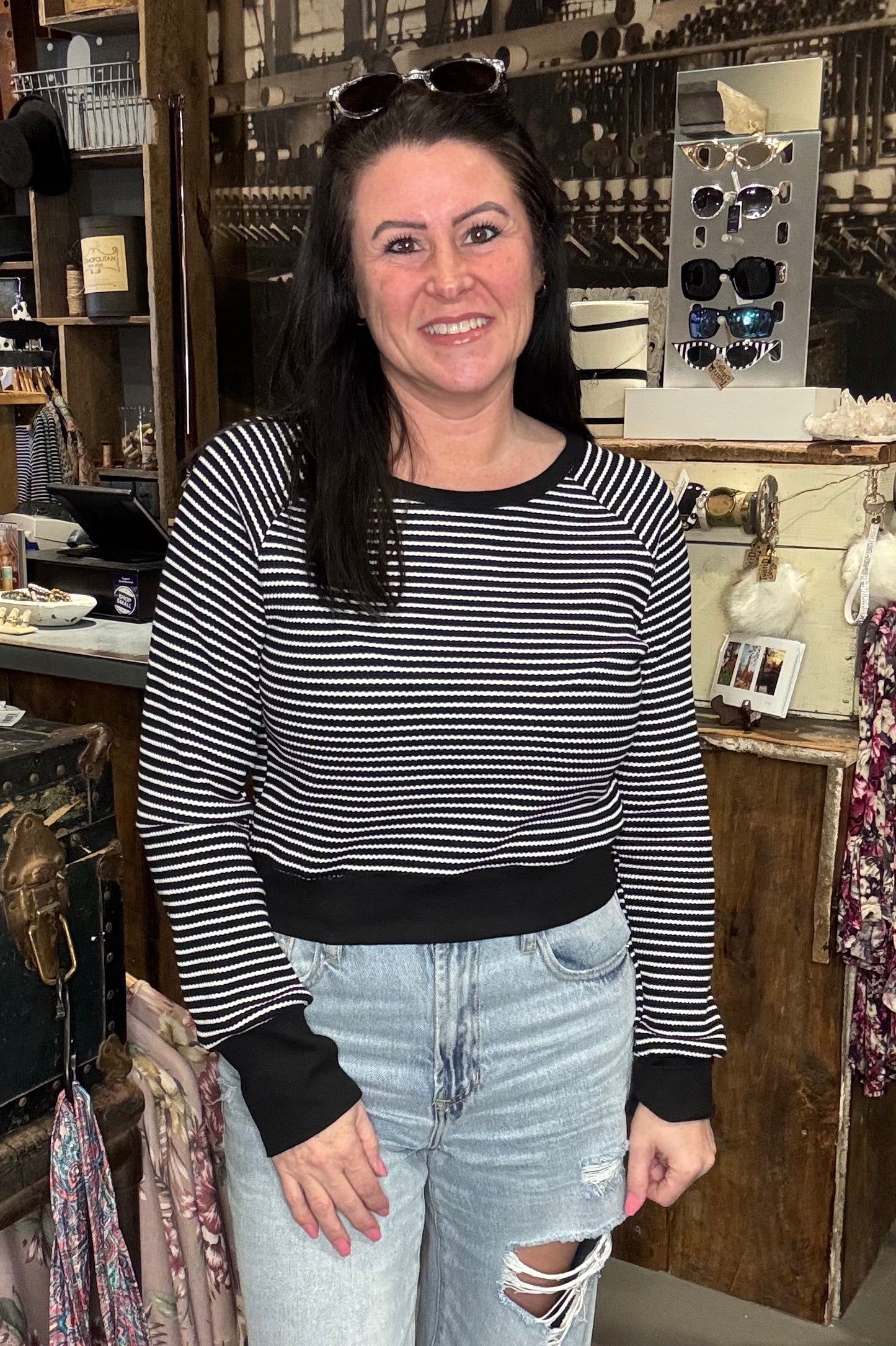 Raynaa Waffle Stripe Top - Black