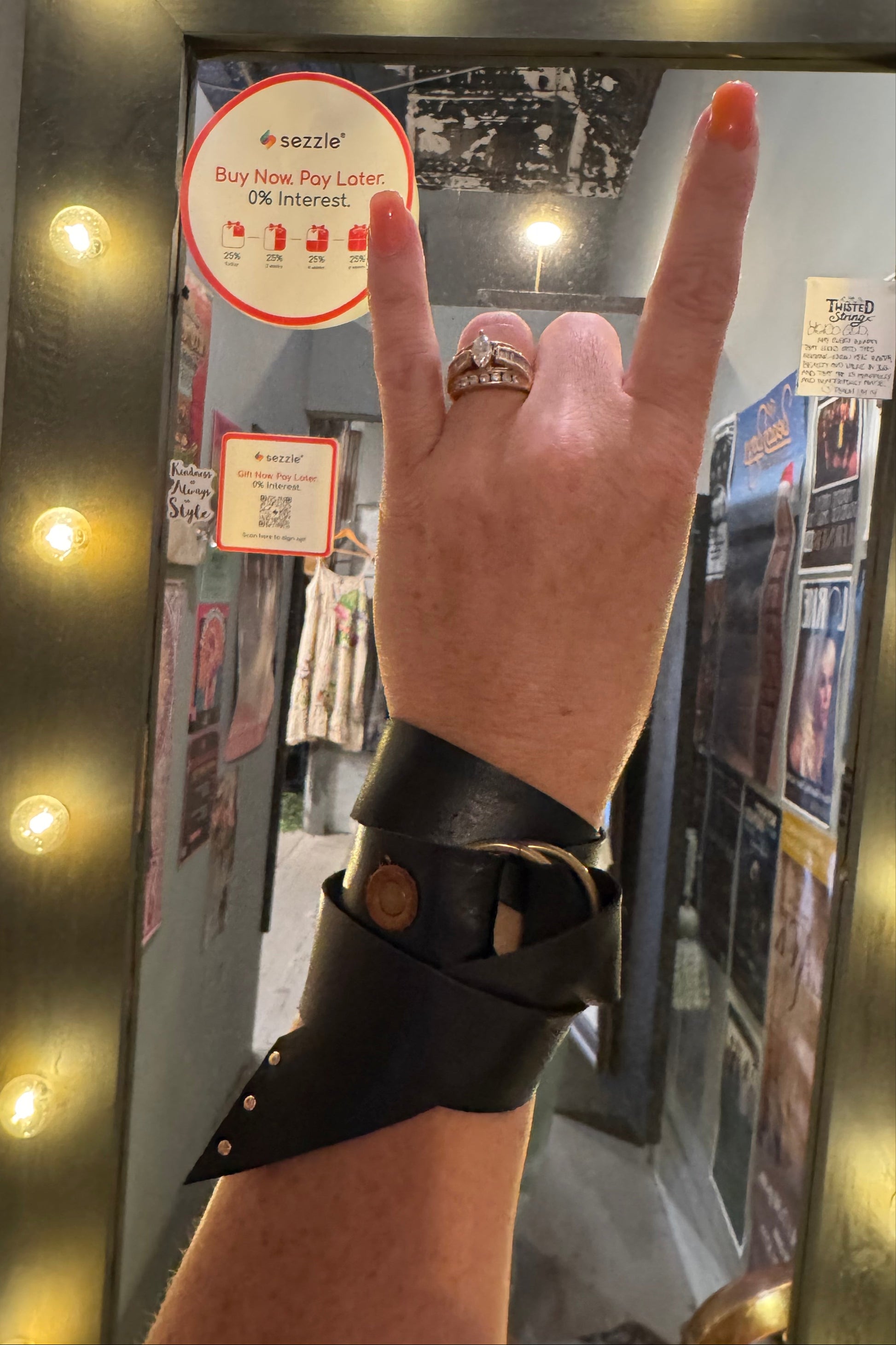 Model wearing edgy genuine leather black wrap bracelet