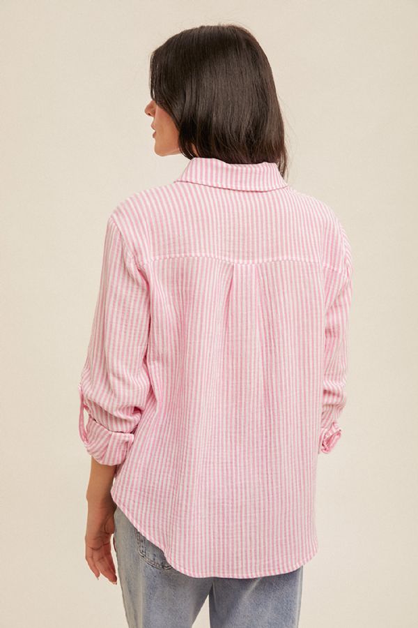 Double Gauze Oversized Striped Button Down - Pink