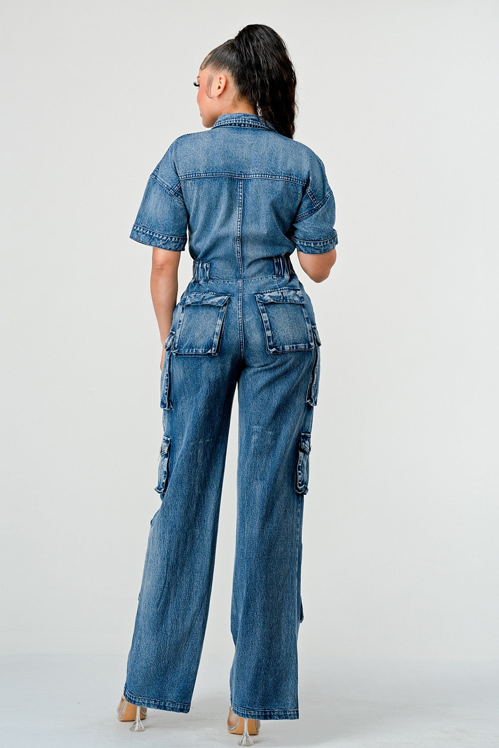 Washed Denim Cargo Jumpsuit