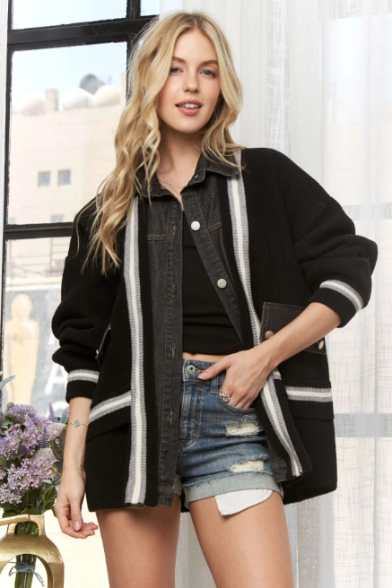 Black basketball sweater Cardigan Jacket with denim and stripes