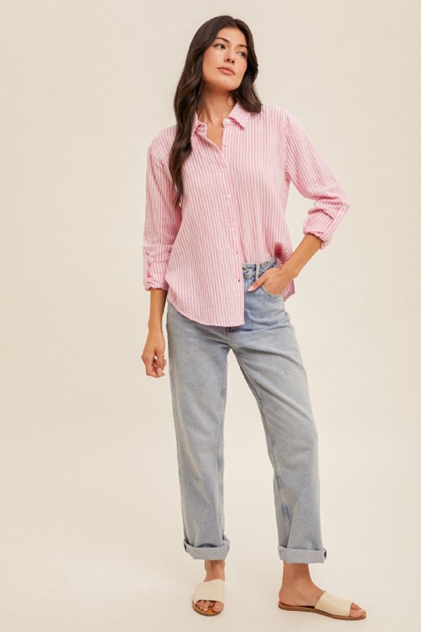 Double Gauze Oversized Striped Button Down - Pink
