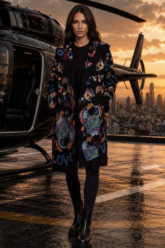 Embroidered Hooded Love Sweater Jacket