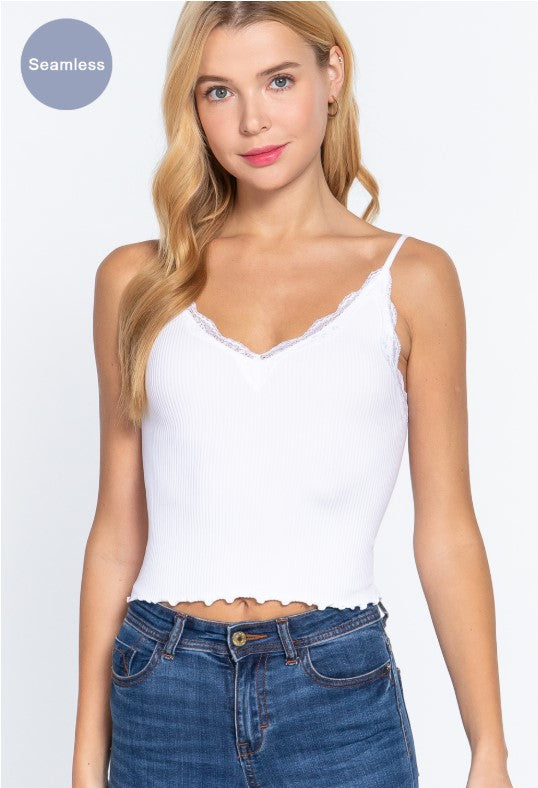 Lace Trimmed V-Neck Seamless Rib Knit Cami