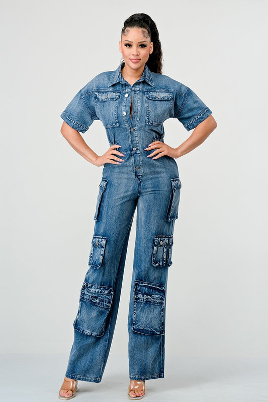 Washed Denim Cargo Jumpsuit