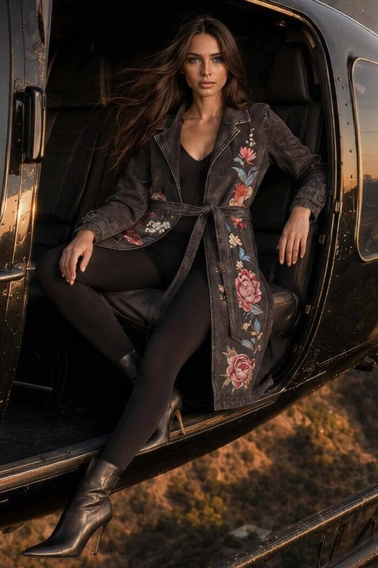 Black Denim Floral Embroidered Trench