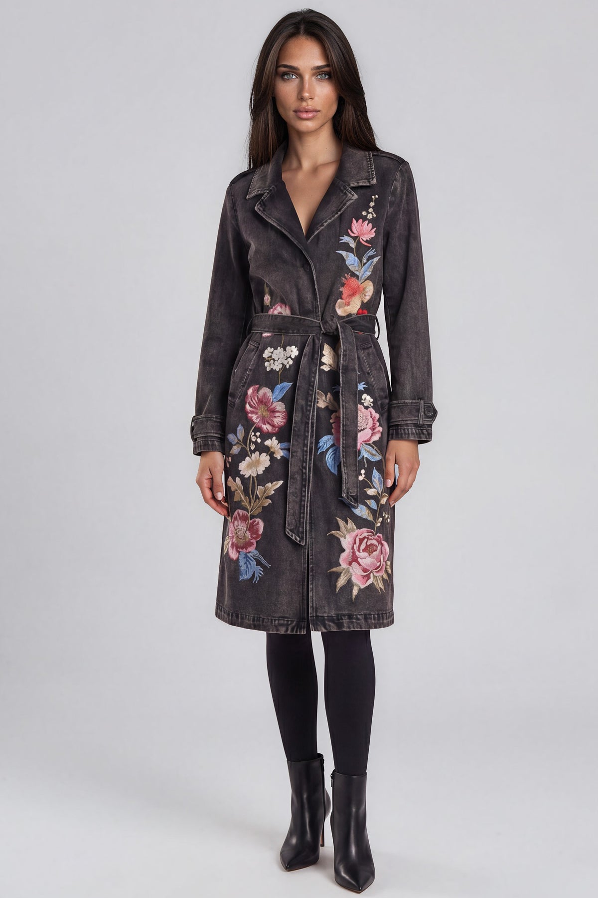 Black Denim Floral Embroidered Trench