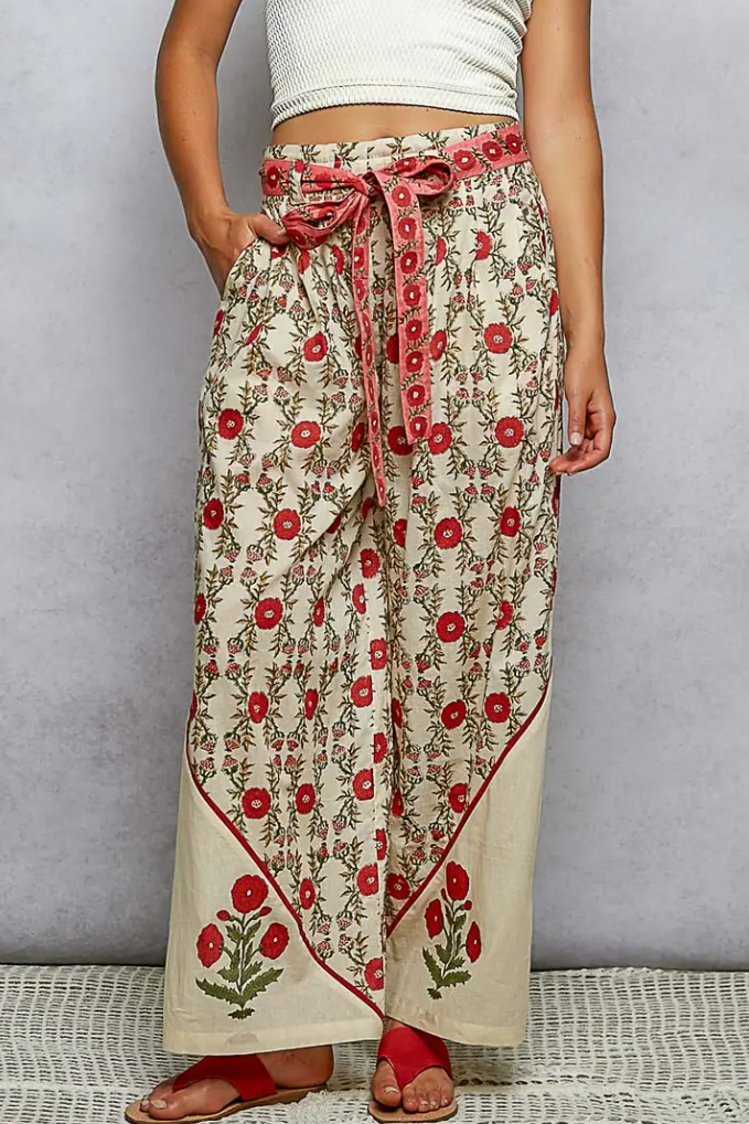 Floral Block Print Wide Leg Pants