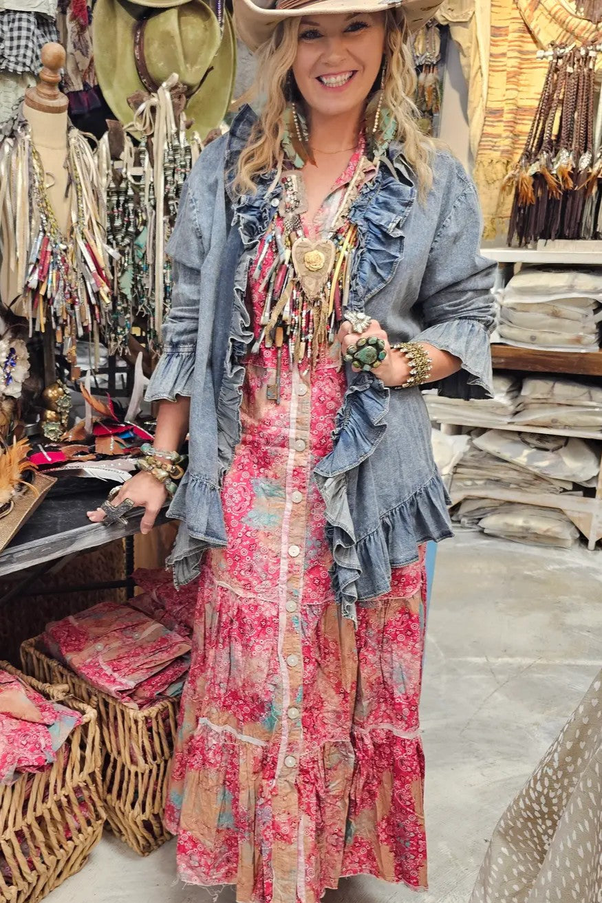 Denim Ruffle Button Down Shirt