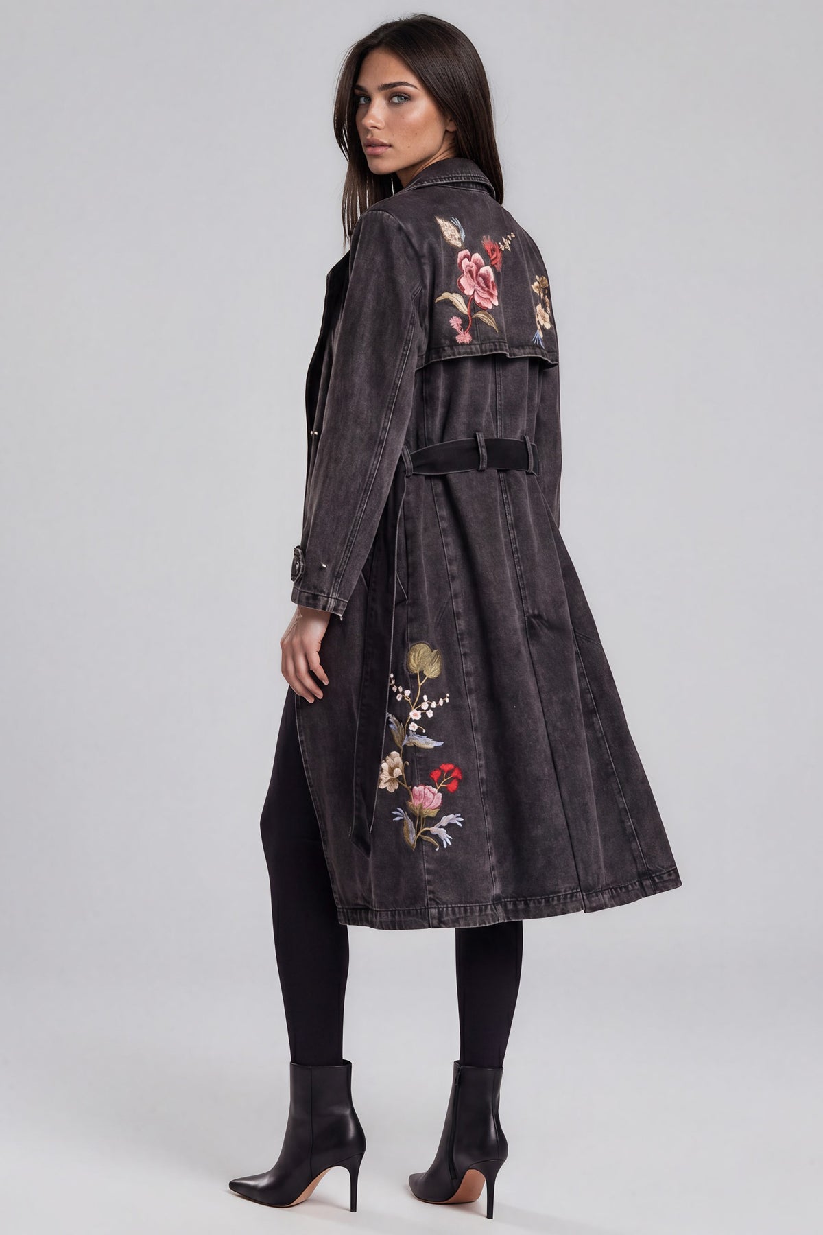 Black Denim Floral Embroidered Trench