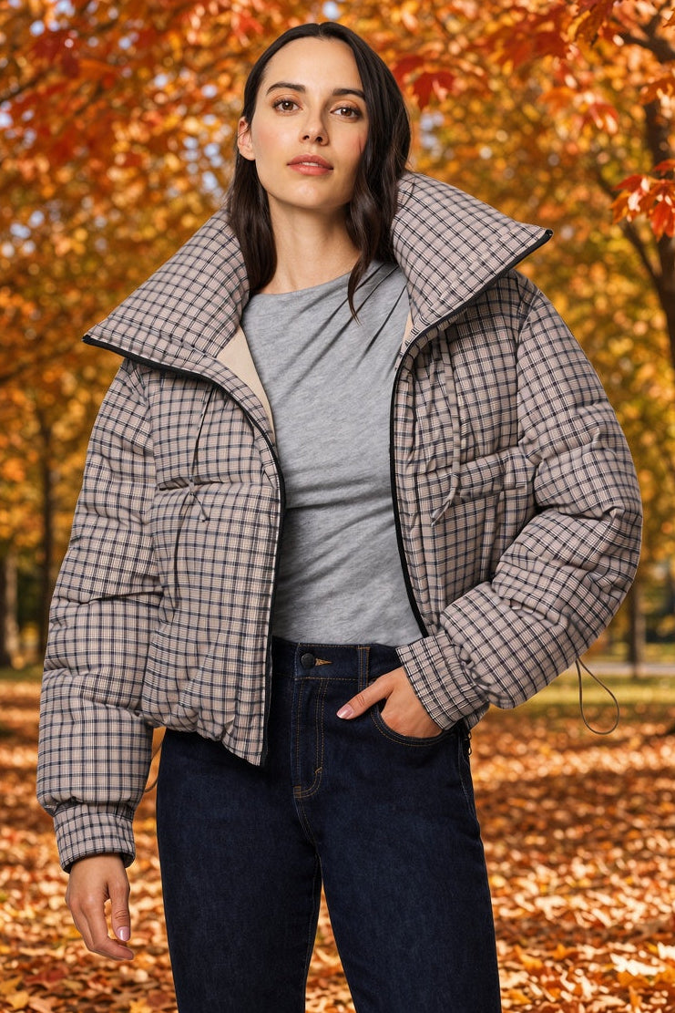 plaid puffer jacket, fall, outerwear, spring, jacket, coat