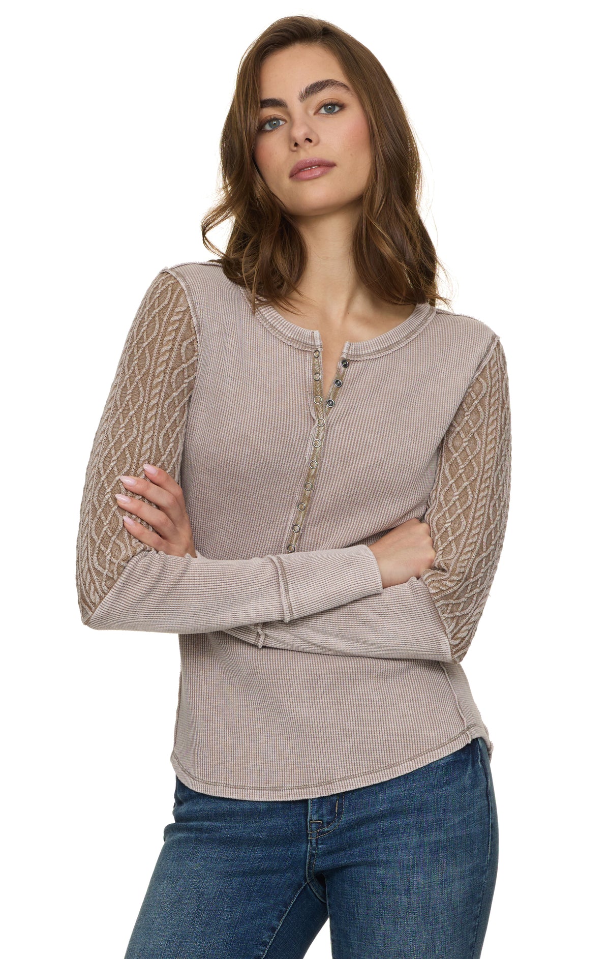 Woman wearing mixed textile henley long sleeve top