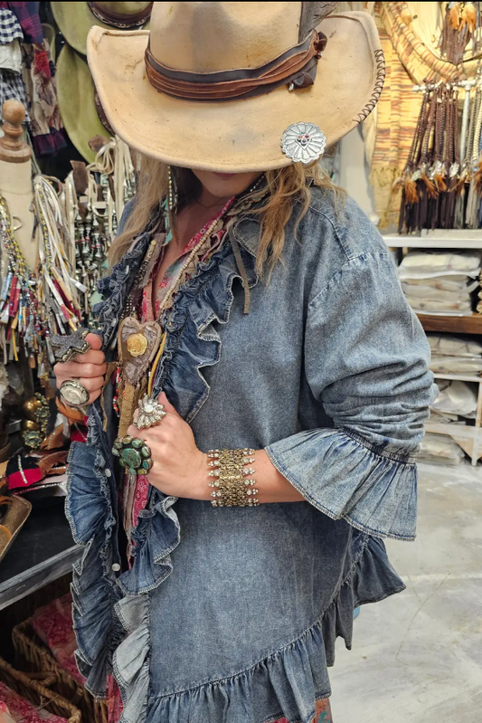 Denim Ruffle Button Down Shirt