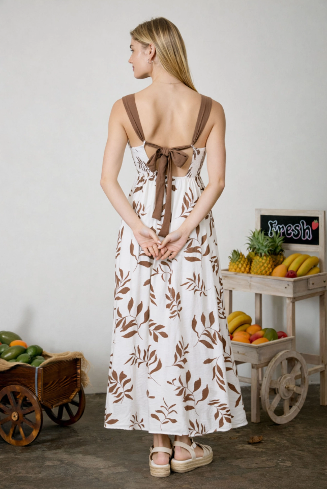 Brown Leaf Back Tie Midi Dress